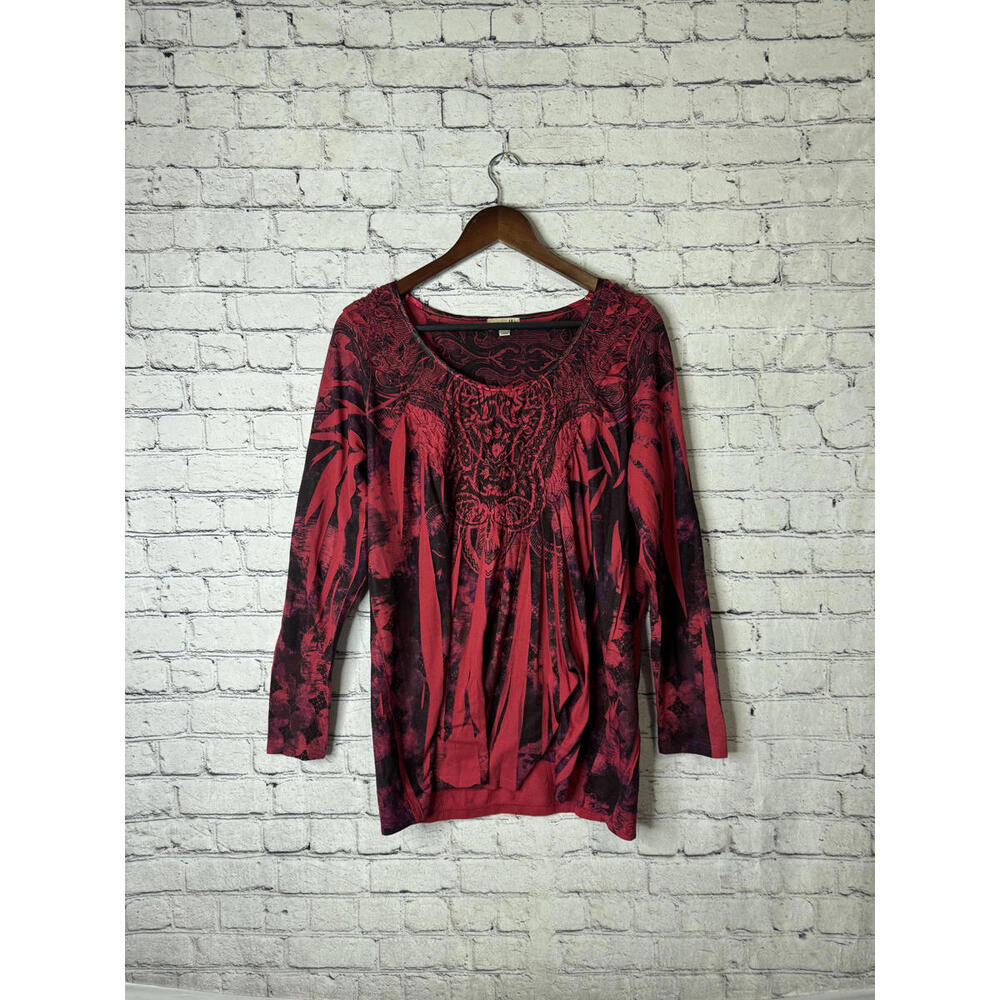 One World Women's Long Sleeve Top Red and Black‎ Patterned